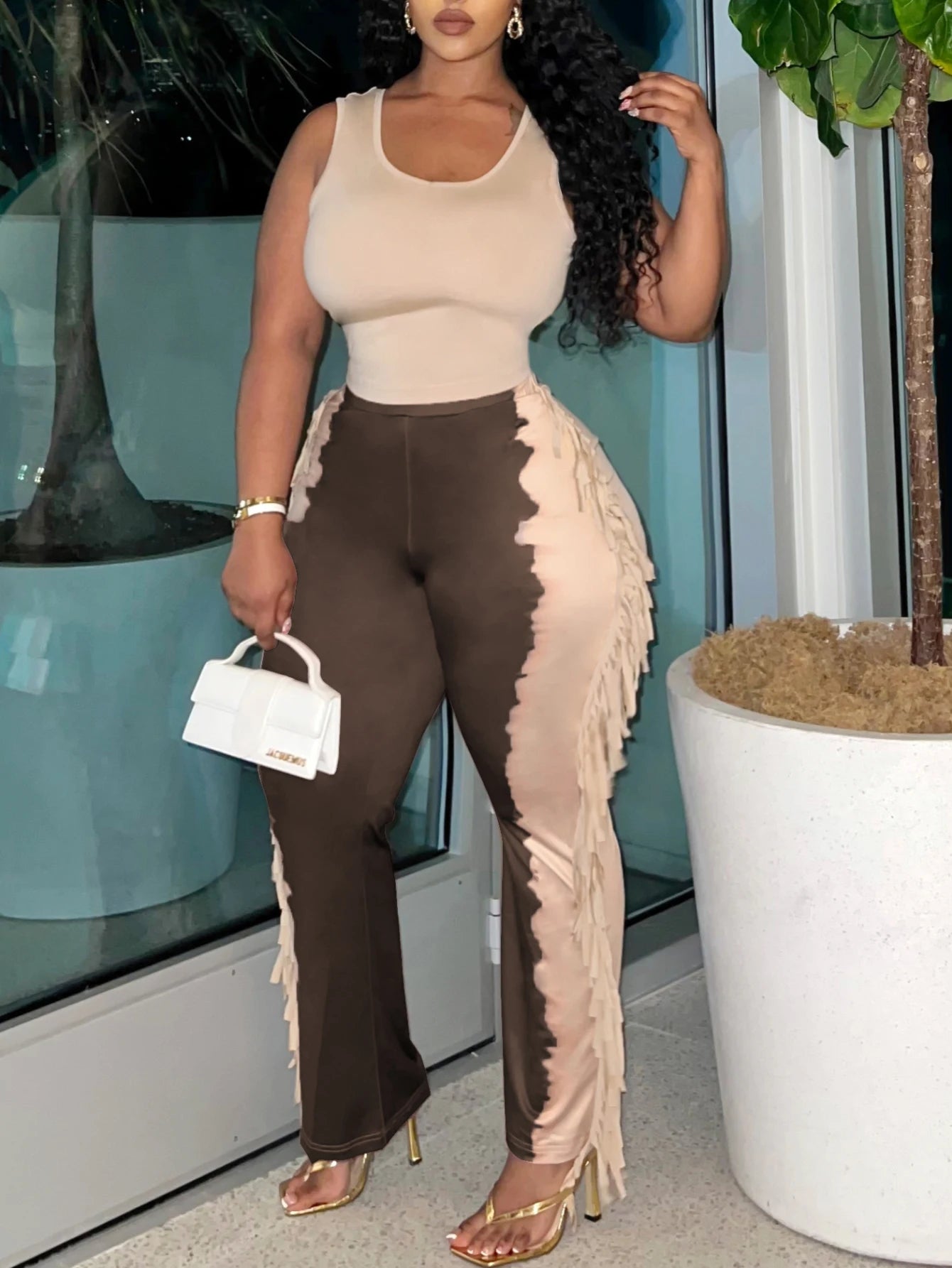 LW Plus Size casual Two pieces sets summer sleeveless U neck Cami Tank + Tie Dye Tassel Design Pants Set women Matching Set