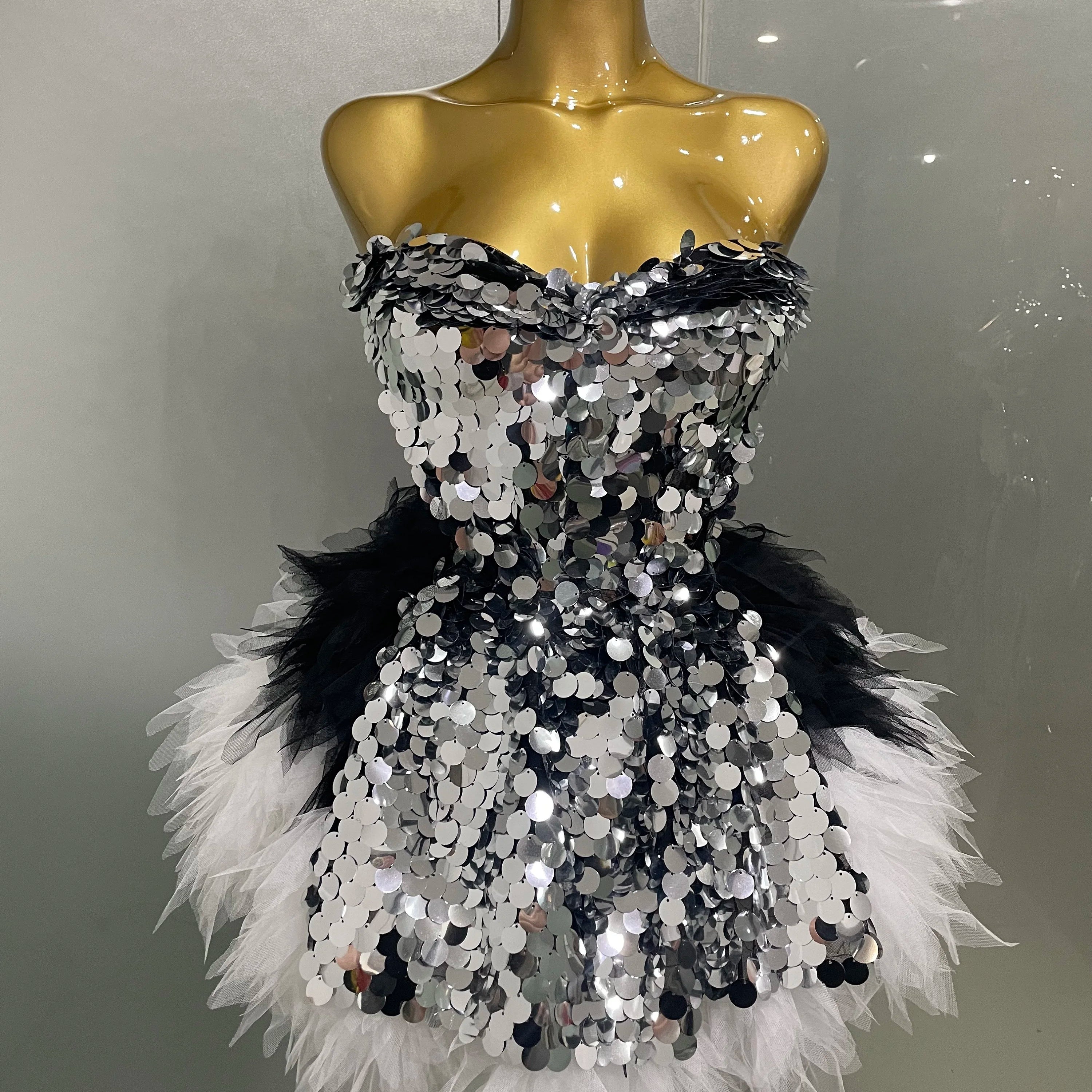 2025 New Stage Costume Women's Sparkly Sequin Mesh A Line Top Skirt 2 Pieces Set Nightclub Party Birthday Dress Photo Shoot Wear