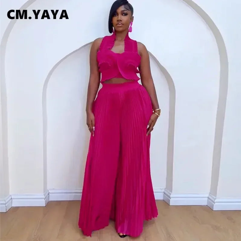 CM.YAYA Streetwear Women's Set Sleeveless Halter Crop Pleated Top+Wide Leg Pants Elegant 2024 Fall Party Two 2-Piece Set Outfits