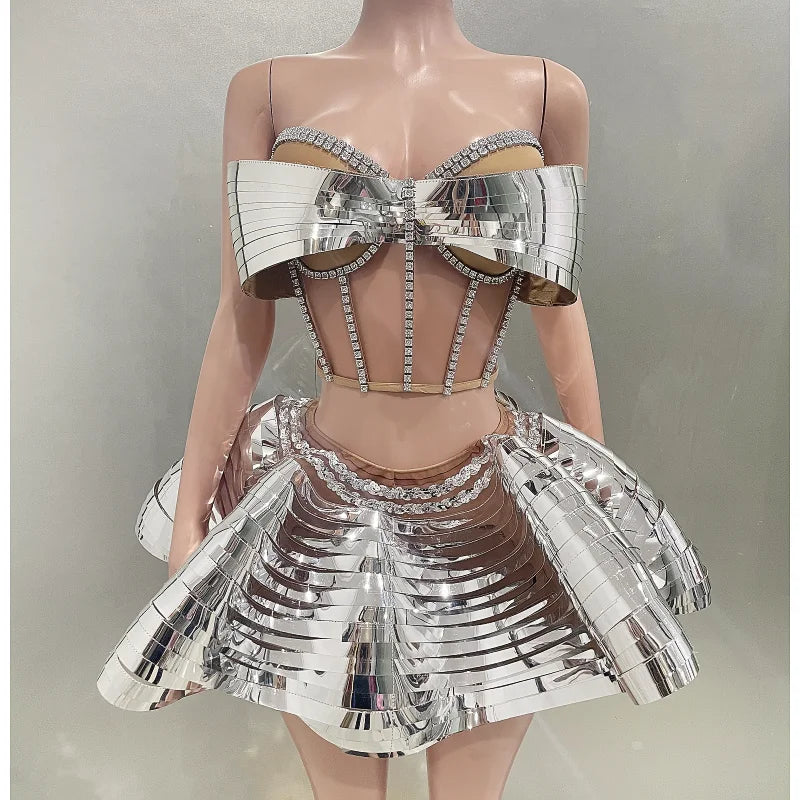 Mirror Surface Woman Party Set Stereoscopic Bows Strapless Tops And UFO Mini Skirt 2 Pieces Party Outfit Performance costume