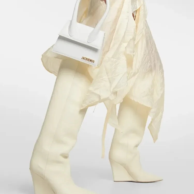 New European and American Thick Sole Knee Long Women's Boots with Pointed Side Zipper Thick High Heel Women's Mid Length Boots