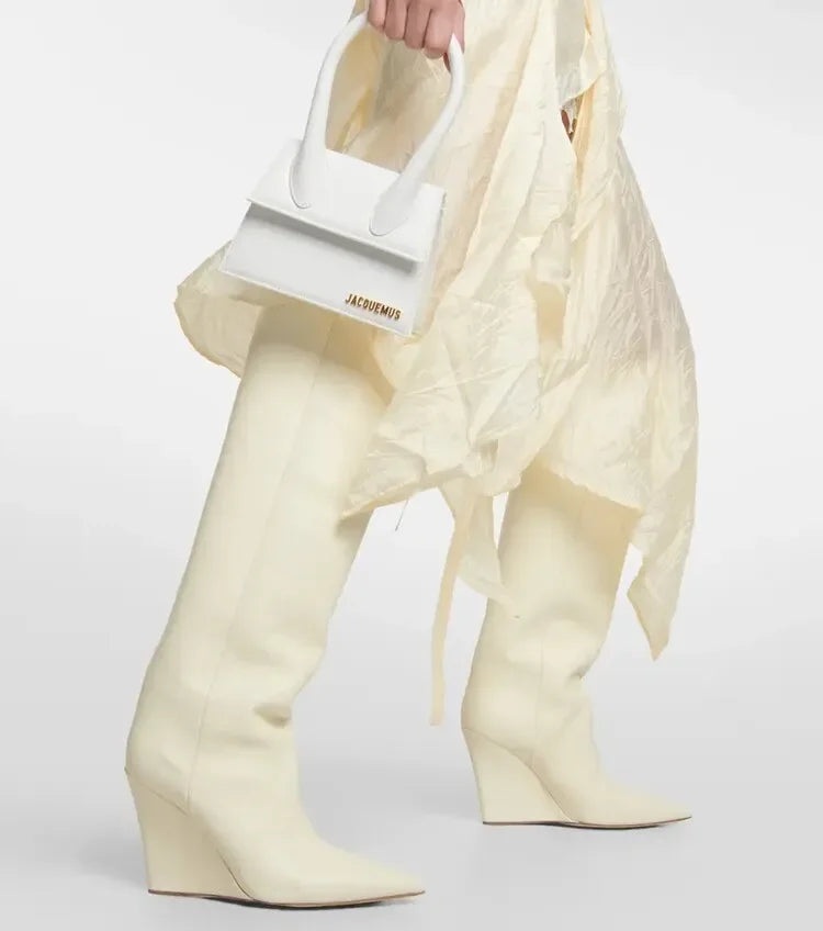 New European and American Thick Sole Knee Long Women's Boots with Pointed Side Zipper Thick High Heel Women's Mid Length Boots