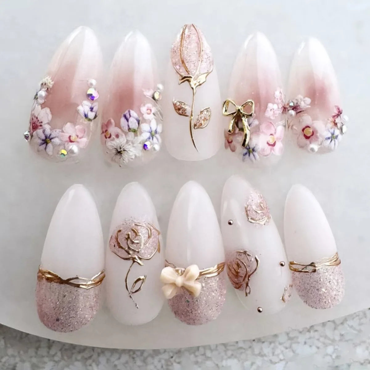 24pcs/set Medium fake nails for women girls 3D embossed flowers fruit shell rhinestones design Almond tips press on false nail