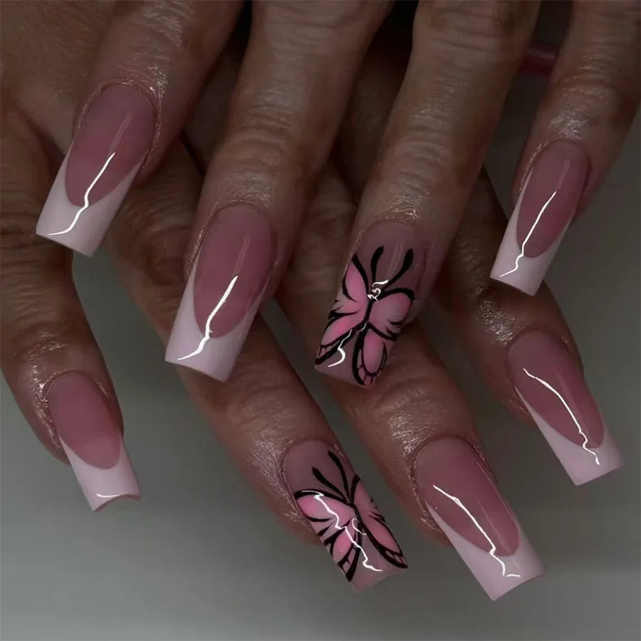 Mid-length Coffin Fake Nails 24Pcs White French Tip Ballerina Press On Nail Pink/White Flower Printed Spring/Summer DIY Manicure
