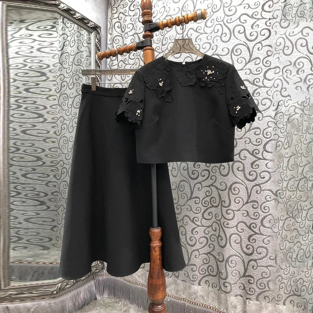 TWOTWINSTYLE Solid Fashion Two Piece Sets for Women Round Neck Short Sleeves Patcwork Applique Top High Waist Skirt Set Female