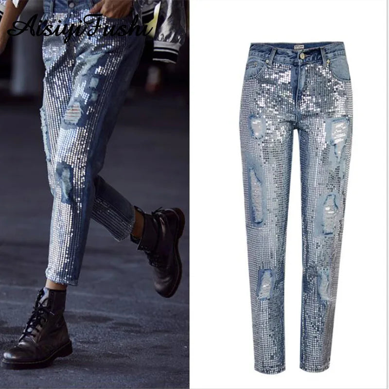 Sequin Ripped Jeans For Women Bottom Streetwear Hole Zipper Fringe Ripped Jeans Pants Women's Denim Trousers Loose Female