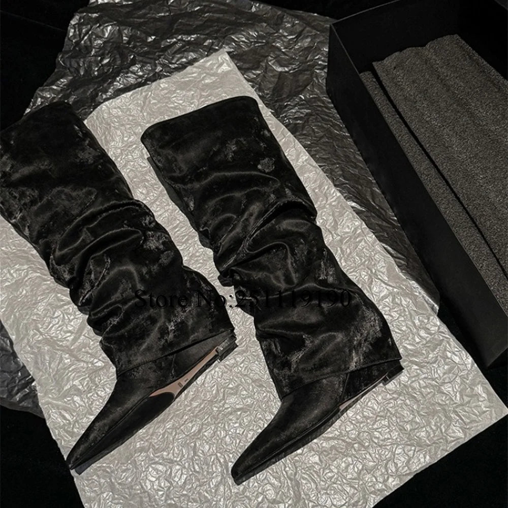 Brown Pleated Knee-high Boots Pointed Toe Wedges 2025 Black Fashion Shoes Autumn Winter Slip On Pull On Luxury Designer Booties