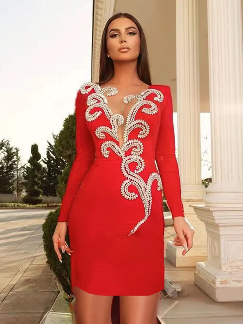 2025 Elegant Women's Light Luxury Nail Diamond Design Bandage Dress O-Neck Long Sleeve Bodycon Mini Dress Evening Party Vestidos