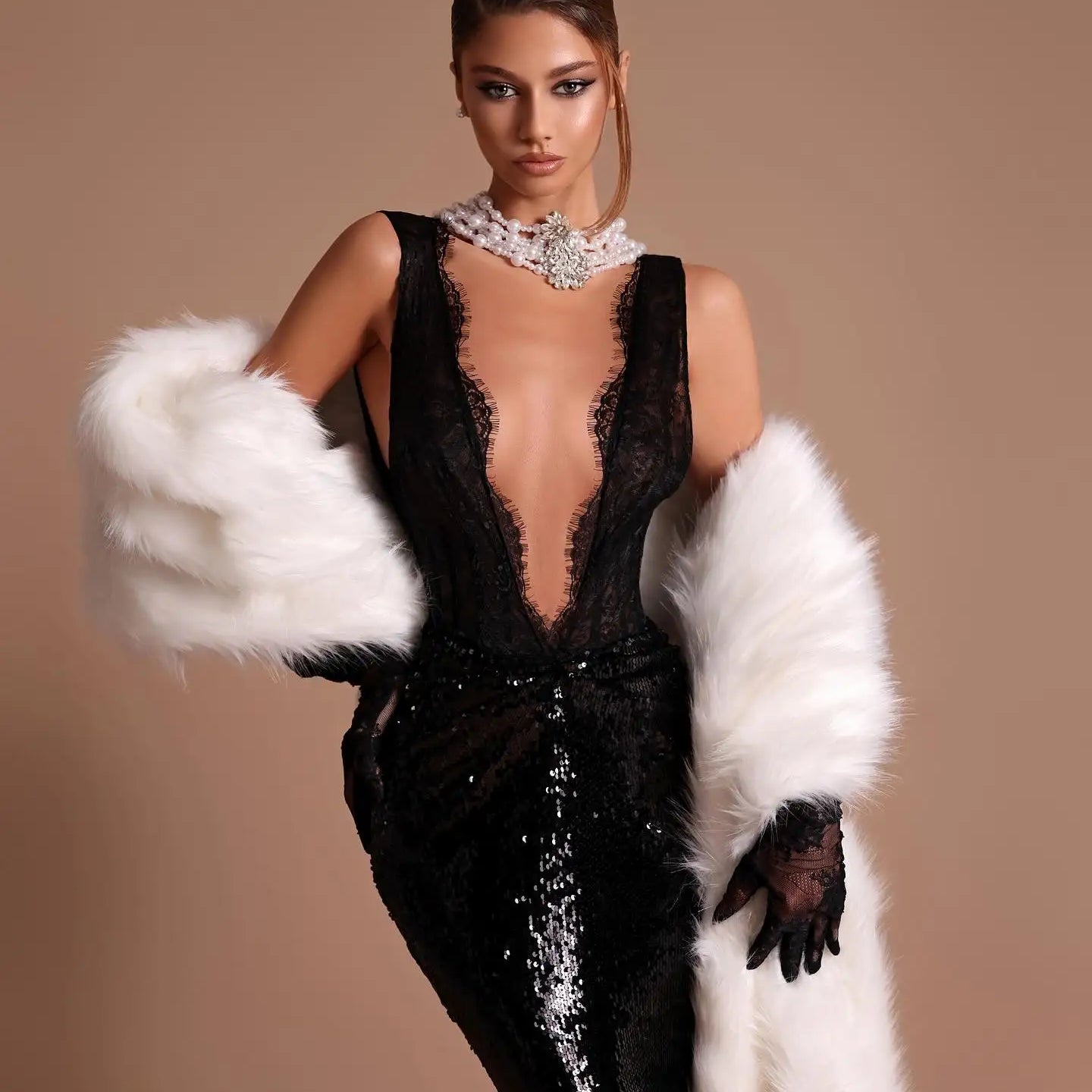 VC Alluring Black Sequin Deep V Neck Backless Lace Design Mermaid Dress for Party Dinner Evening Gown