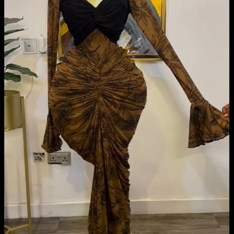 CM.YAYA Women Leaf Printed Stacked Ruched Draped V-neck Maxi Long Bodycon Dress 2025 Holiday Birthday Club Party Evening Dresses