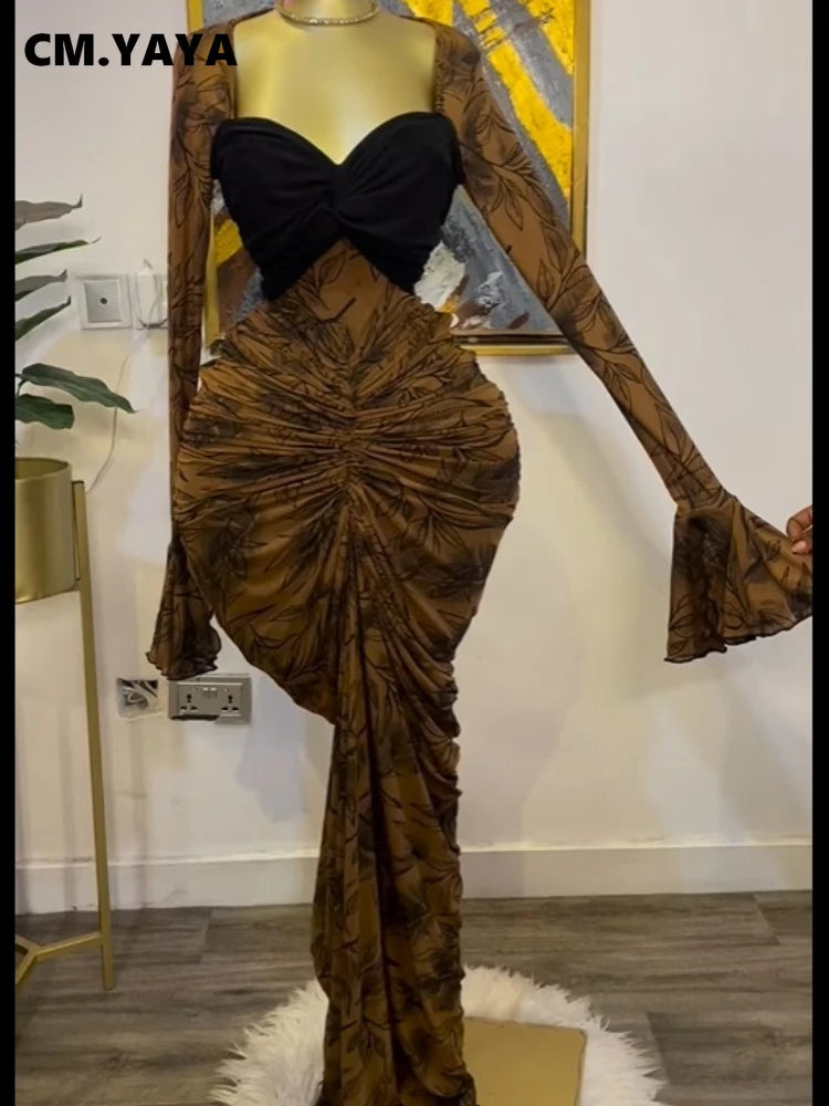 CM.YAYA Women Leaf Printed Stacked Ruched Draped V-neck Maxi Long Bodycon Dress 2025 Holiday Birthday Club Party Evening Dresses