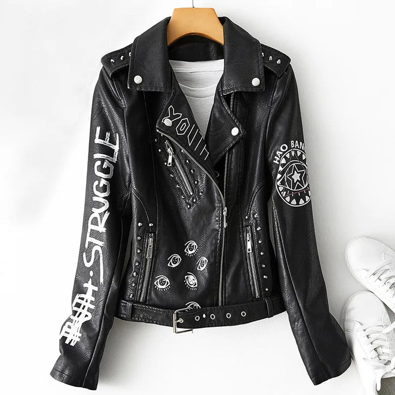 Fitaylor Autumn Winter Women Graffiti Print Faux Leather Jacka Lady Moto Bike Pu Leather Coat Casual Rivet Jacket With Belt