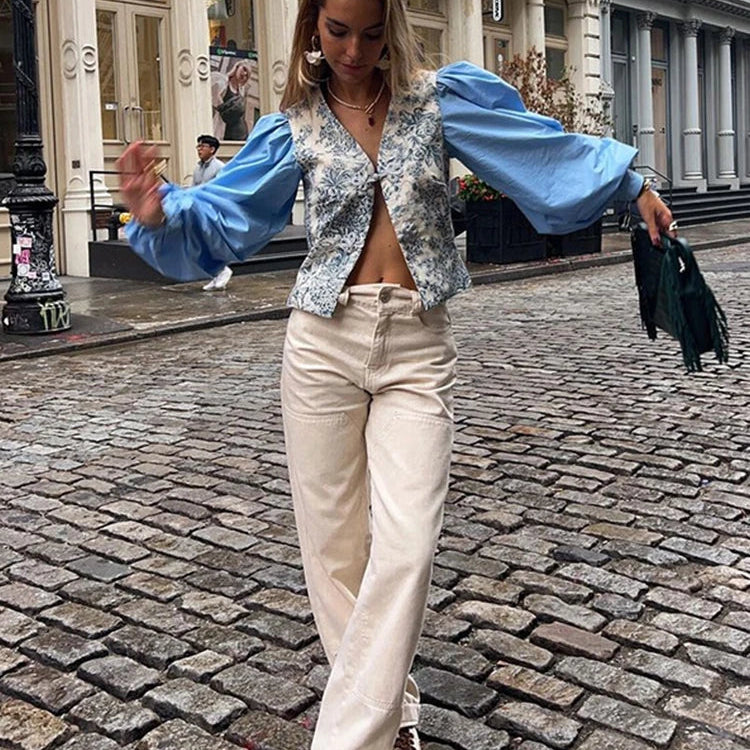 Fashion Print Lantern Sleeve Shirt Women Loose Buttons V-neck Split Female Top Summer Lady Patchwork Blue Streetwear