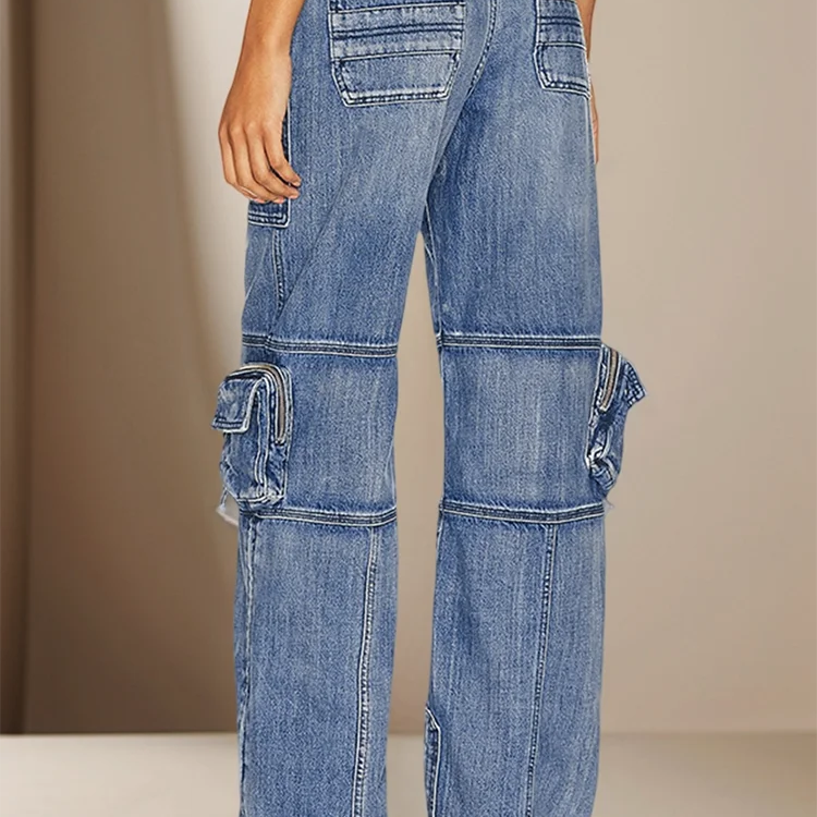 Solid Patchwork Pockets Casual Denim Trousers For Women High Waist Spliced Button Streetwear Loose Cargo Jeans Female New