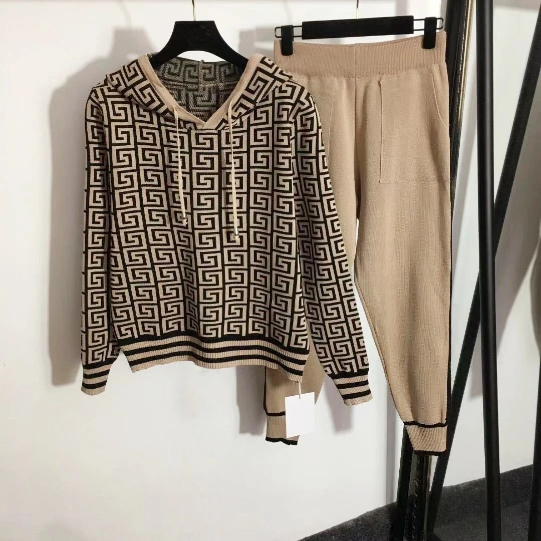 Knitted Hooded Sweater Hoodies Set For Women Autumn Winter Luxury Brand Designer Stitch Knitwear Pullover Tops Clothes khaki set