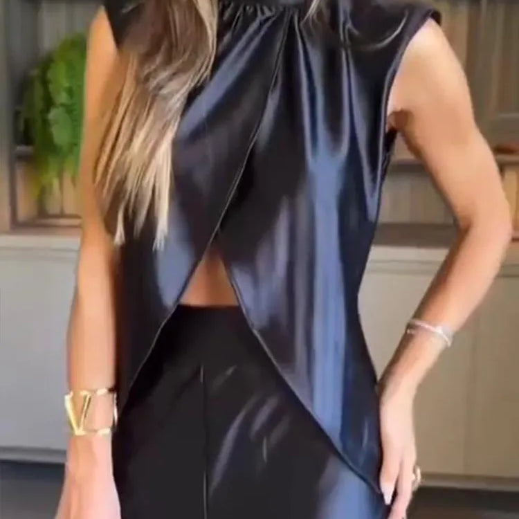 Drauuing 2 Pieces Sets Women Sleeveless Tank Split Hem Top And Wide Leg Pants Women Outfits Silk Pant Sets Matching Sets