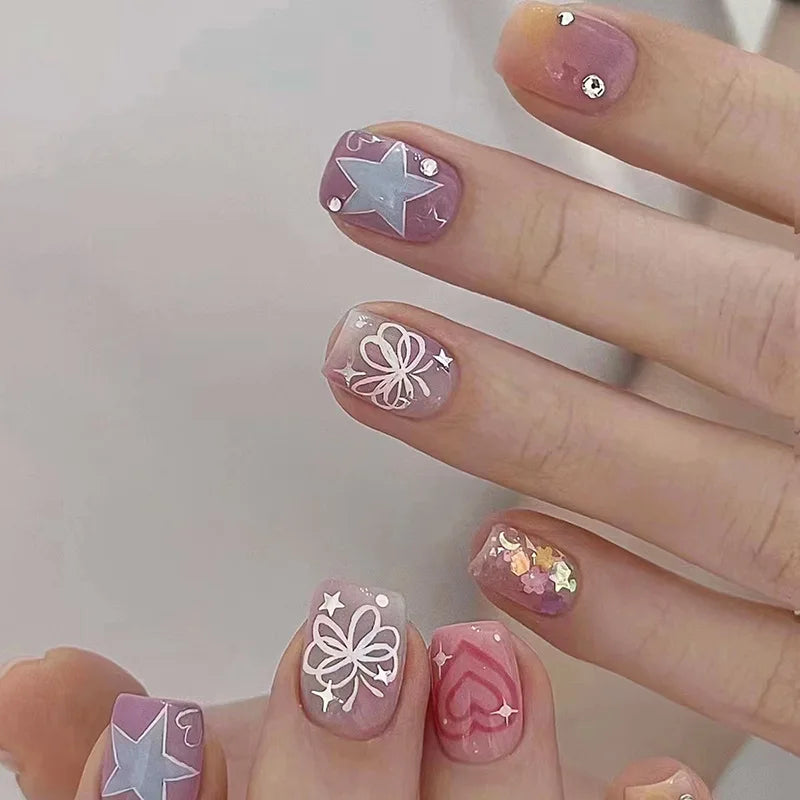 24Pcs Pink False Nails with Glue Ballerina Full Cover Nail Tips Simple Fake Nail with Star Rabbit Design Wearable Press on Nails