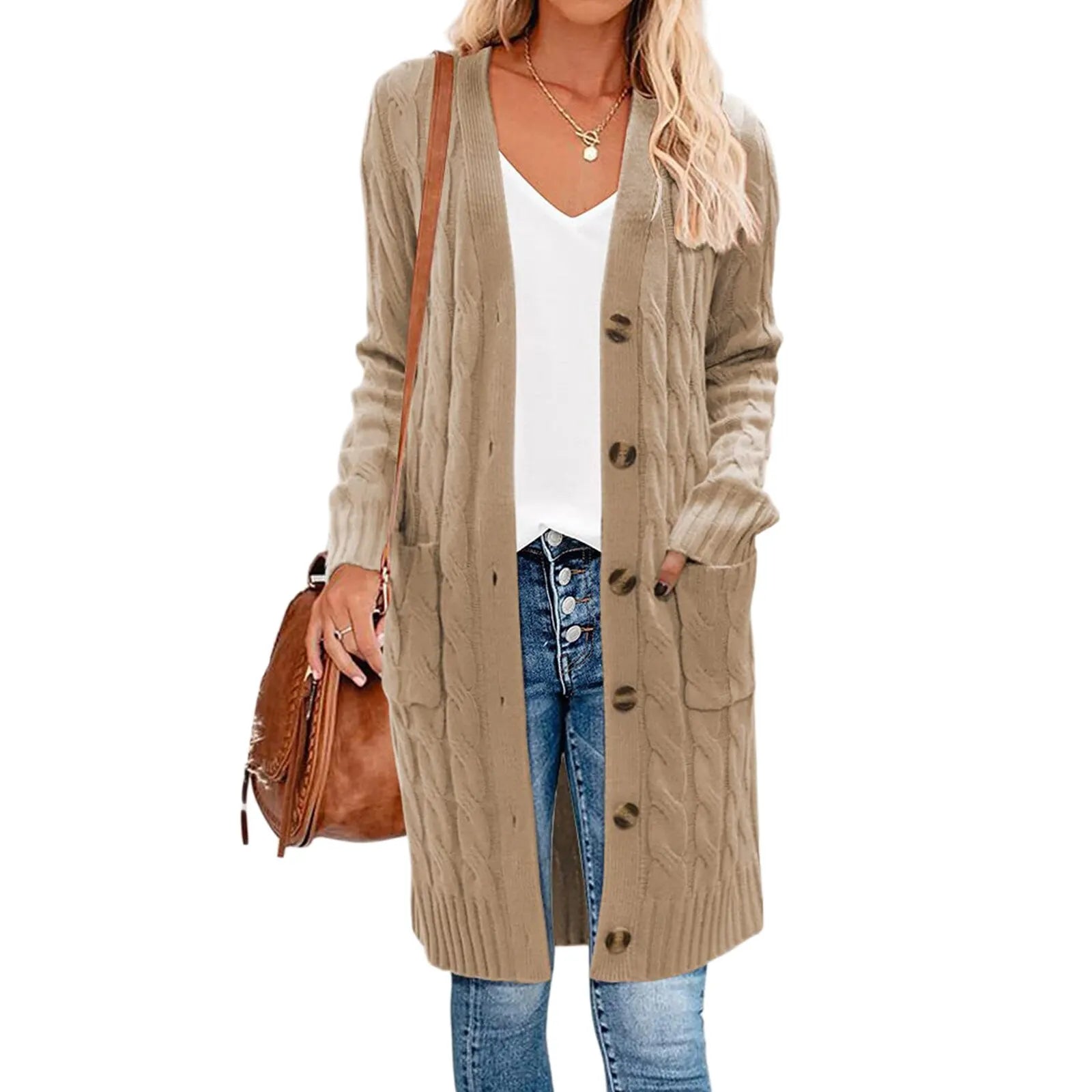 Female Cardigan Solid Color Long Sleeve Sweater Knitted Coat with Pockets for Spring Fall S M L Khaki color