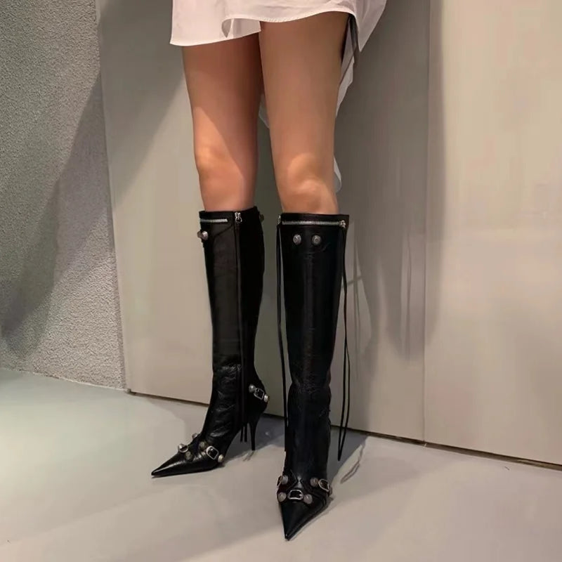 Paris Station Fashion Women's Boots Denim Pointed High Heel Boots Sexy Rivet Boots Show Party Over Knee 46 Large Boots