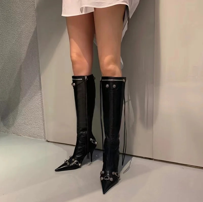 Paris Station Fashion Women's Boots Denim Pointed High Heel Boots Sexy Rivet Boots Show Party Over Knee 46 Large Boots