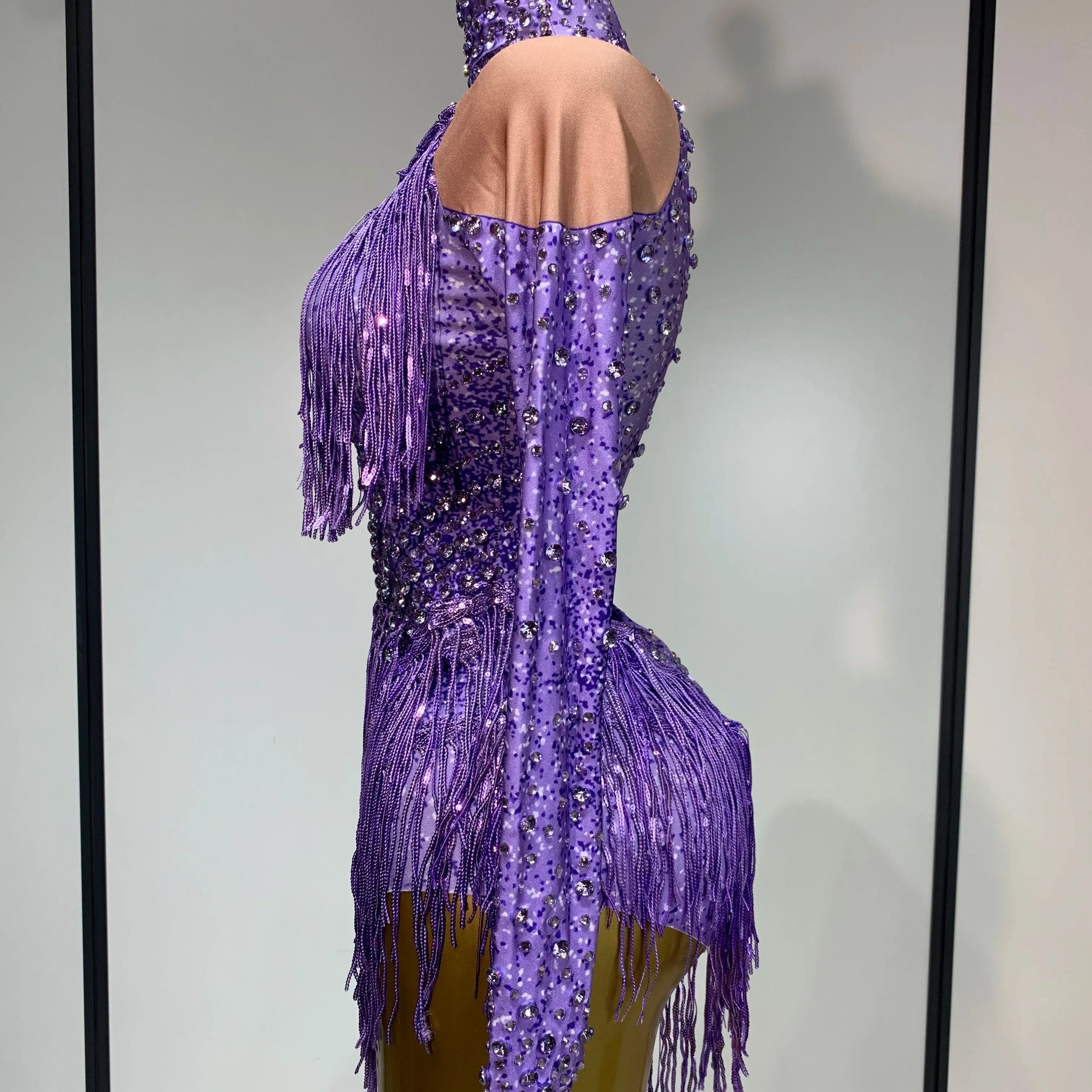 Women Sexy Purple Red Stretchy Long Sleeve Bodysuit Nightclub Singer Dancer Tassel Stage Costume Evening Party Birthday Outfit