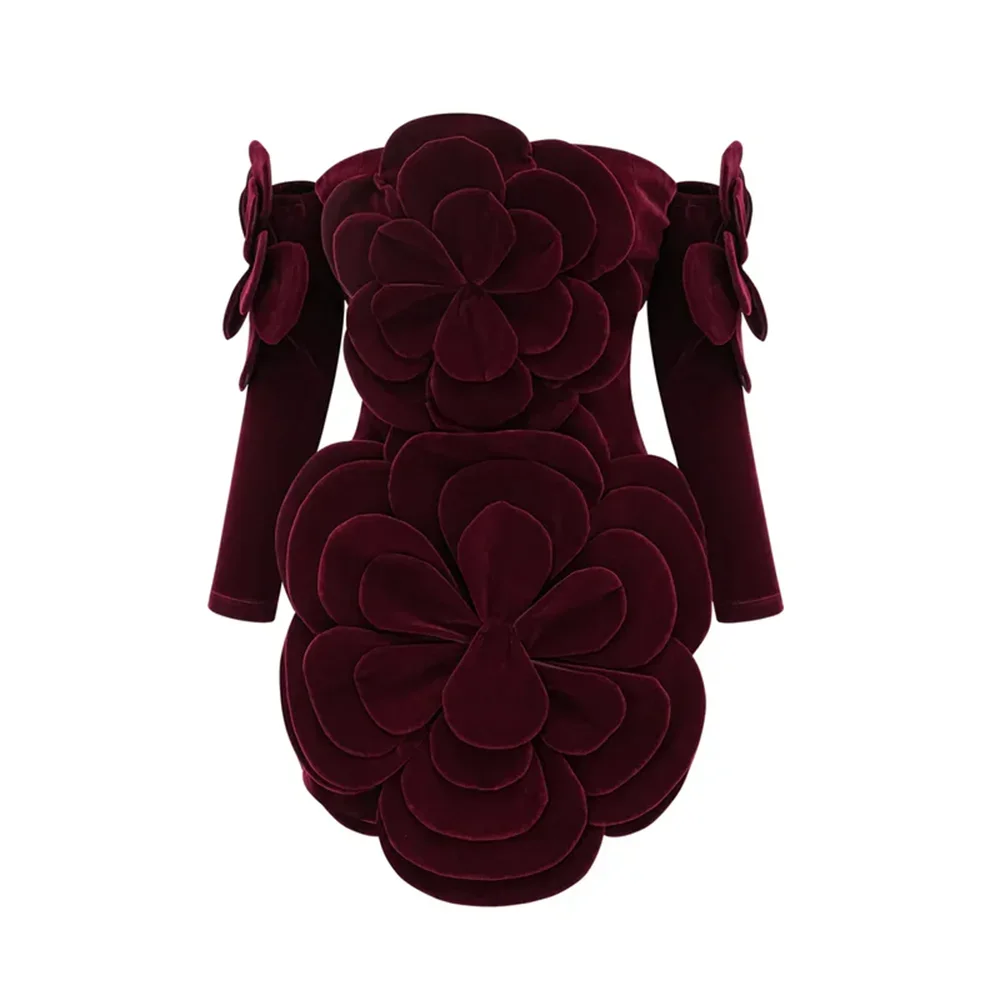 Solid Slimming Temperament Mini Dresses for Women Strapless Sleeveless Patchwork 3D Flowers Dress Female Clothing