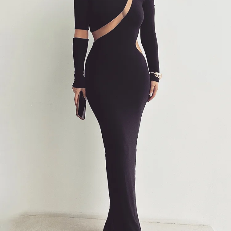 Turtleneck Long Sleeve Bodycon Maxi Dress For Women Autumn Patchwork Hollow Out Club Party Sexy Long Dress Vestidos