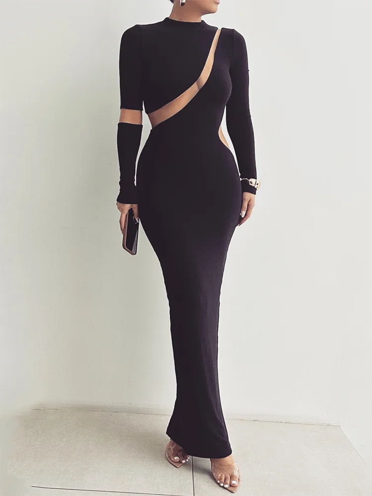 Turtleneck Long Sleeve Bodycon Maxi Dress For Women Autumn Patchwork Hollow Out Club Party Sexy Long Dress Vestidos