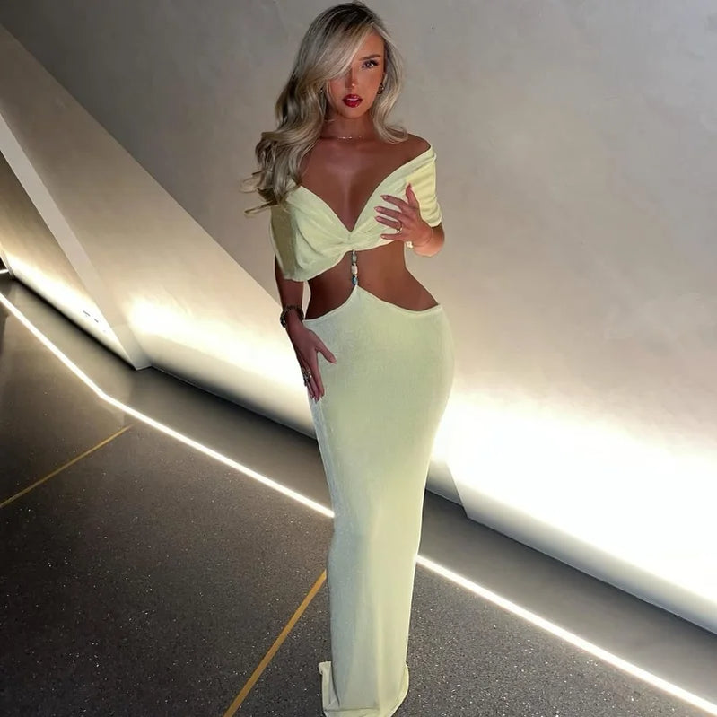 Elegant V Neck Pleating Yellow Maxi Dress For Women Fashion Cut Out Slim Fit High Waist Robes New Summer Holiday Beach Dresses