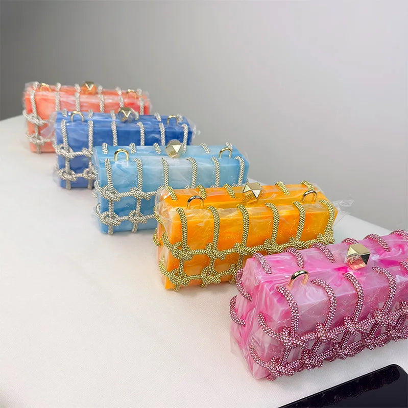 Luxury Rhinestone Purses For Women Brand Fashion Designer Handbags Marbling Evening Clutch Versatile Party Rhinestone Bag