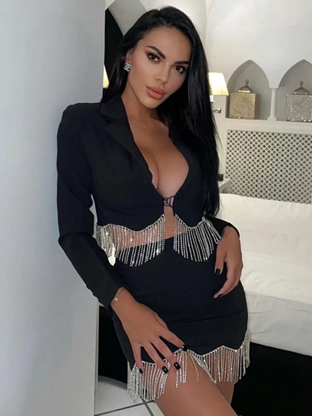 Sexy Women's Light Luxury Diamond Tassel Skirt Set with Flip Collar Long Sleeve Ultra Short Suit Coat+Mini Skirt Two Piece Set