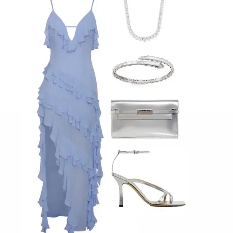 Holiday Maxi Midi Ruffles Beach Dress New Fashion Solid Color A-line Midi Dress Summer Sexy Strap Irregular Dress