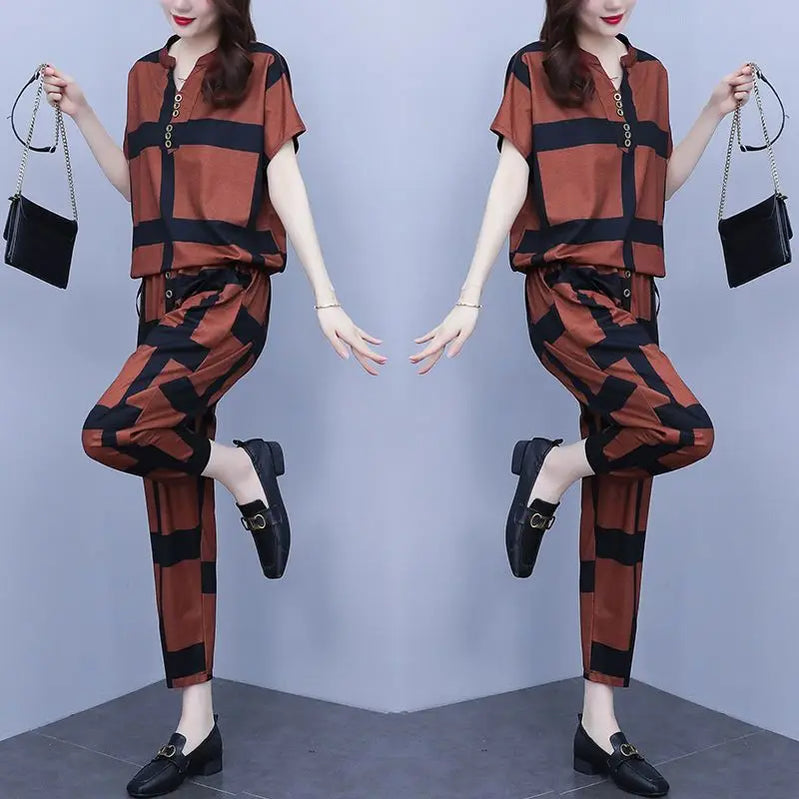 Women's Large Fashion Suit Spring Summer New Korean Casual Loose Plus Size Clothing Short Sleeve Tops Harun Pants Two Piece Sets