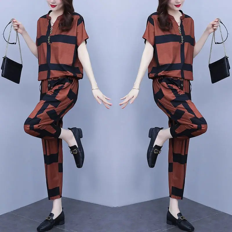 Women's Large Fashion Suit Spring Summer New Korean Casual Loose Plus Size Clothing Short Sleeve Tops Harun Pants Two Piece Sets