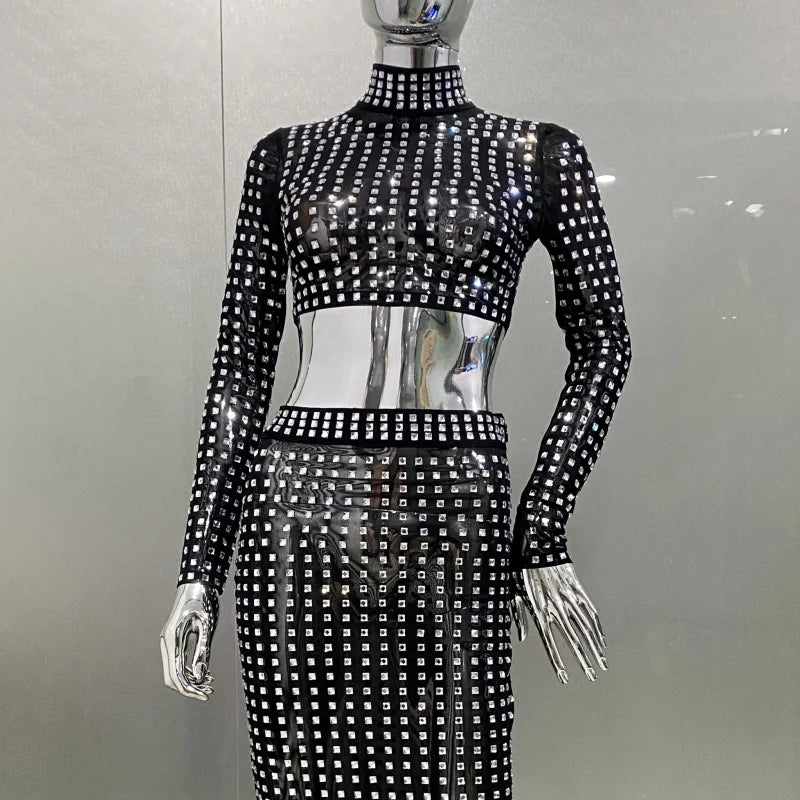 STOCK Sparkling square Diamonds Sexy Mesh See Through Top And Skirt Woman Fashion Set High Street Wear Evening Party Outfit