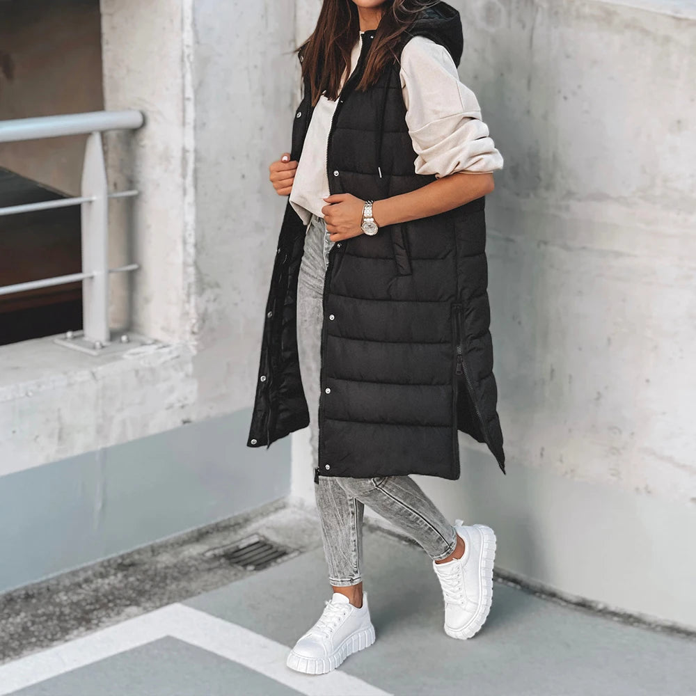 Winter New Hooded Warm Mid-length Vest Jacket Spring Women Casual Loose Solid Color Hood Sleeveless Zip Multi-pocket Waistcoat