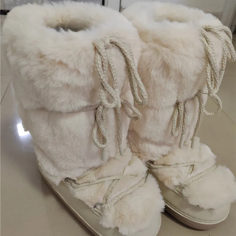 Winter Fur Boots Snow Boots Women Ski Boots Fluffy Hairy Lace Up Middle Calf Platform Flat With White Cotton Boots beige long