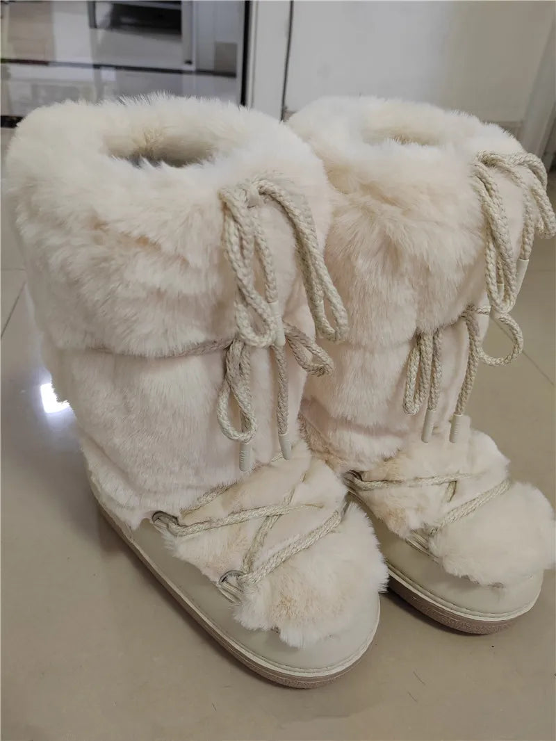 Winter Fur Boots Snow Boots Women Ski Boots Fluffy Hairy Lace Up Middle Calf Platform Flat With White Cotton Boots beige long