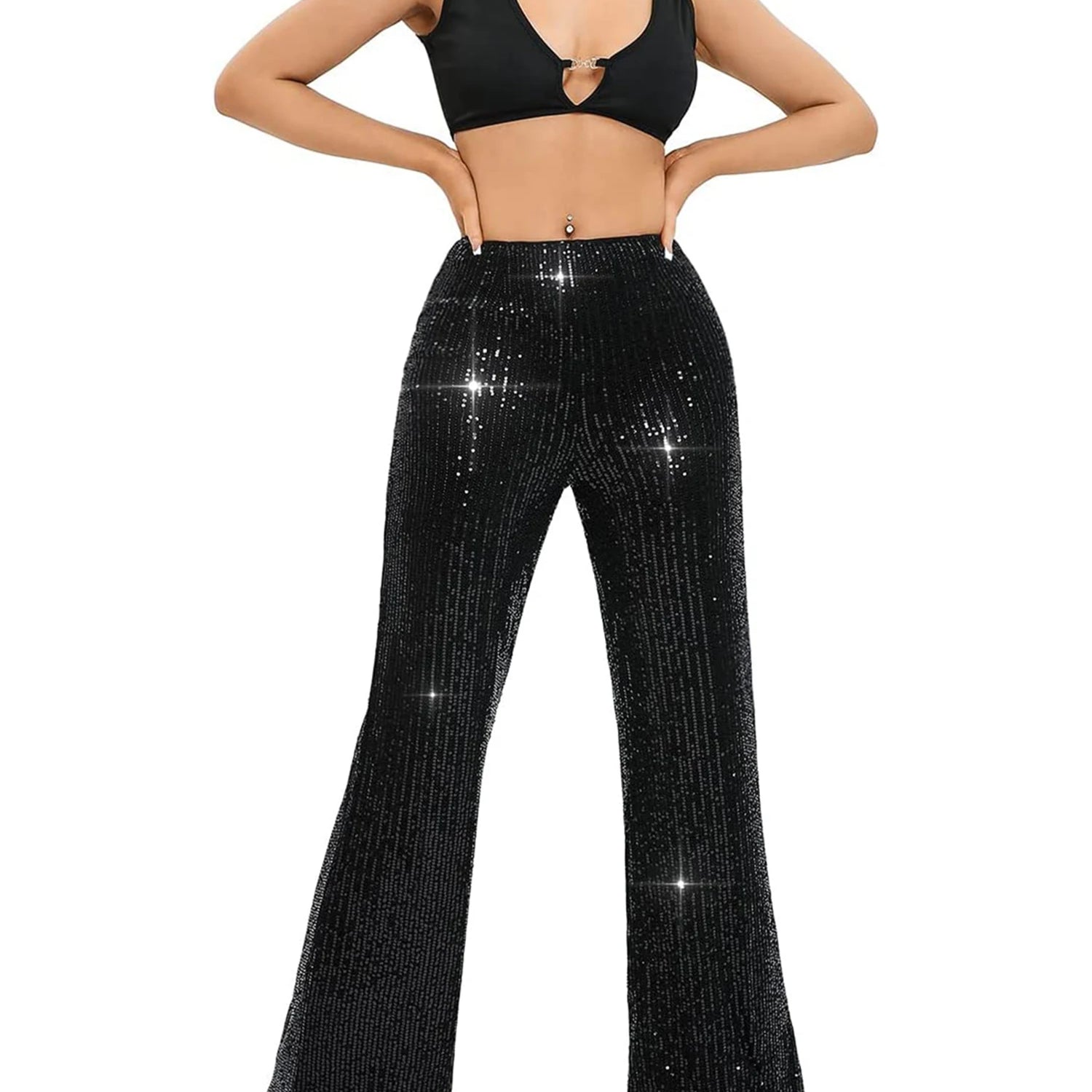 Women Glitter Sequin Wide Leg Pants High Waist Flared Bell-bottom Trousers Slim Fit Party Clubwear Shiny Sparkly Pants