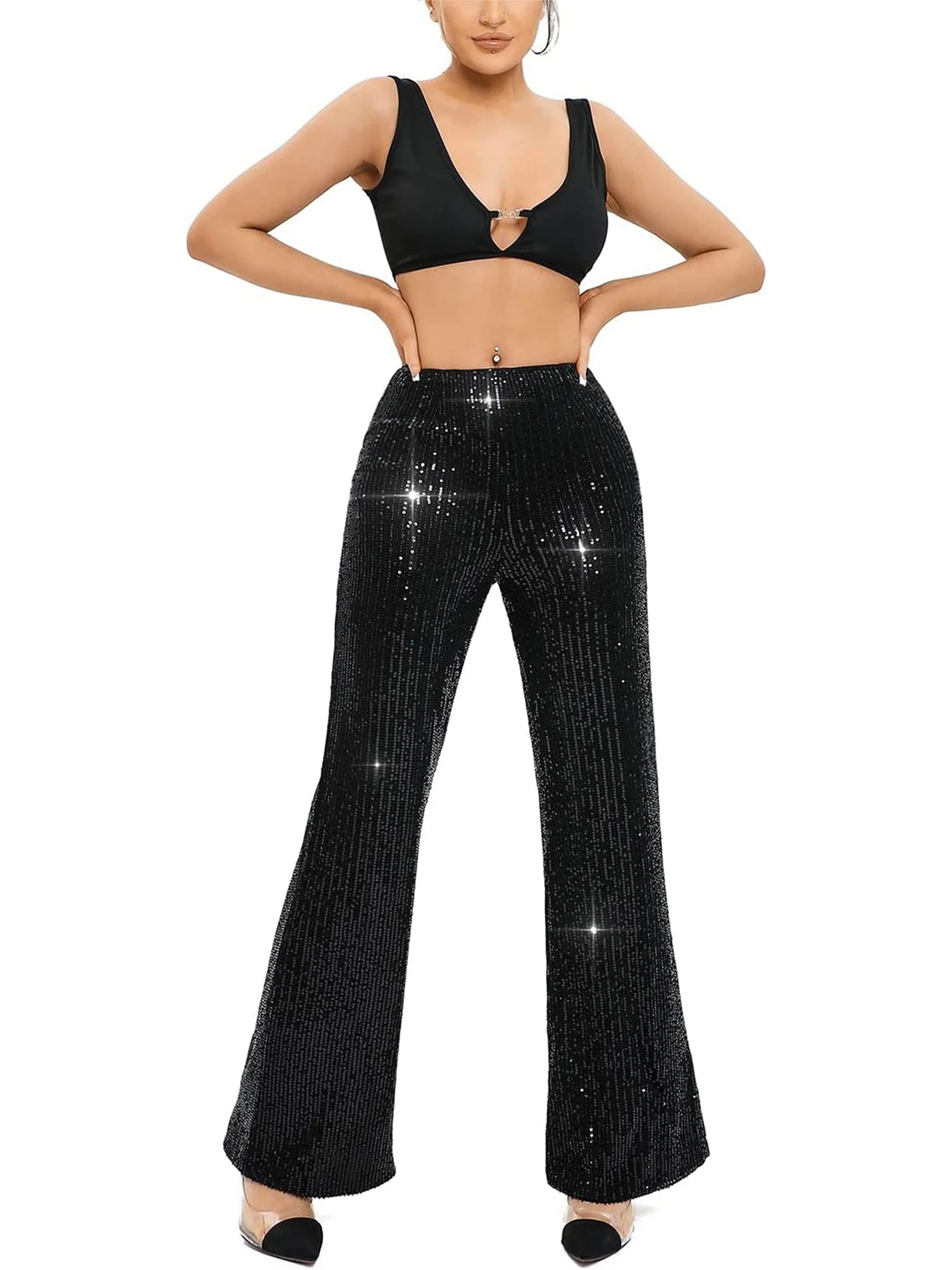 Women Glitter Sequin Wide Leg Pants High Waist Flared Bell-bottom Trousers Slim Fit Party Clubwear Shiny Sparkly Pants