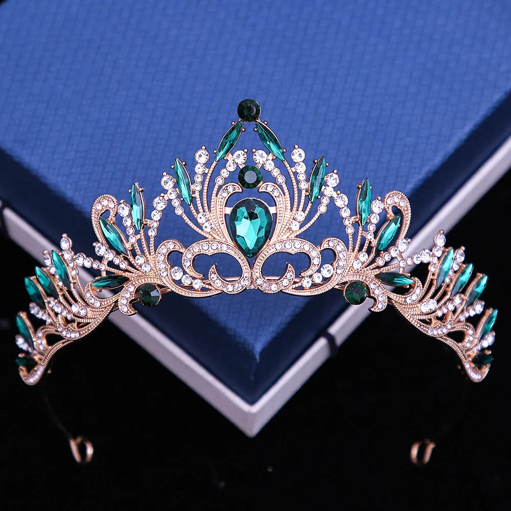 6 Colors Elegant Korean Girls Crystal Tiara Crown For Women Party Wedding Princess Rhinestone Bridal Crown Hair Jewelry gold green