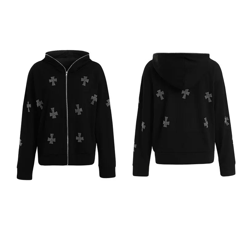 Women Full Zip Hoodies Long Sleeve Rhinestone Cross Pattern Loose Sweatshirts
