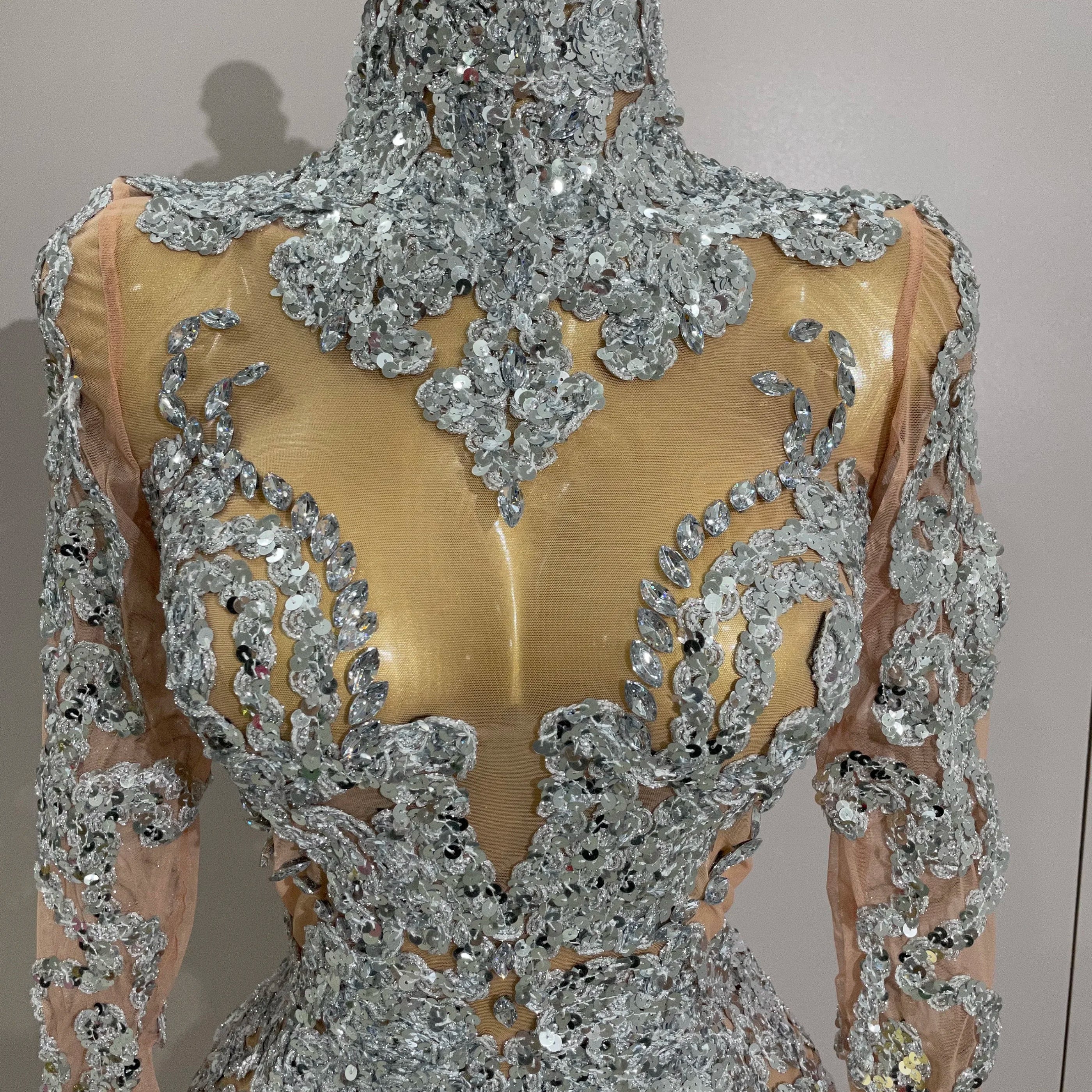 Luxury Sparkly Sequins Stretch Long Sleeve Mesh Mini Dress 2025 Women Birthday Party Nightclub Dancer Stage Performance Costume