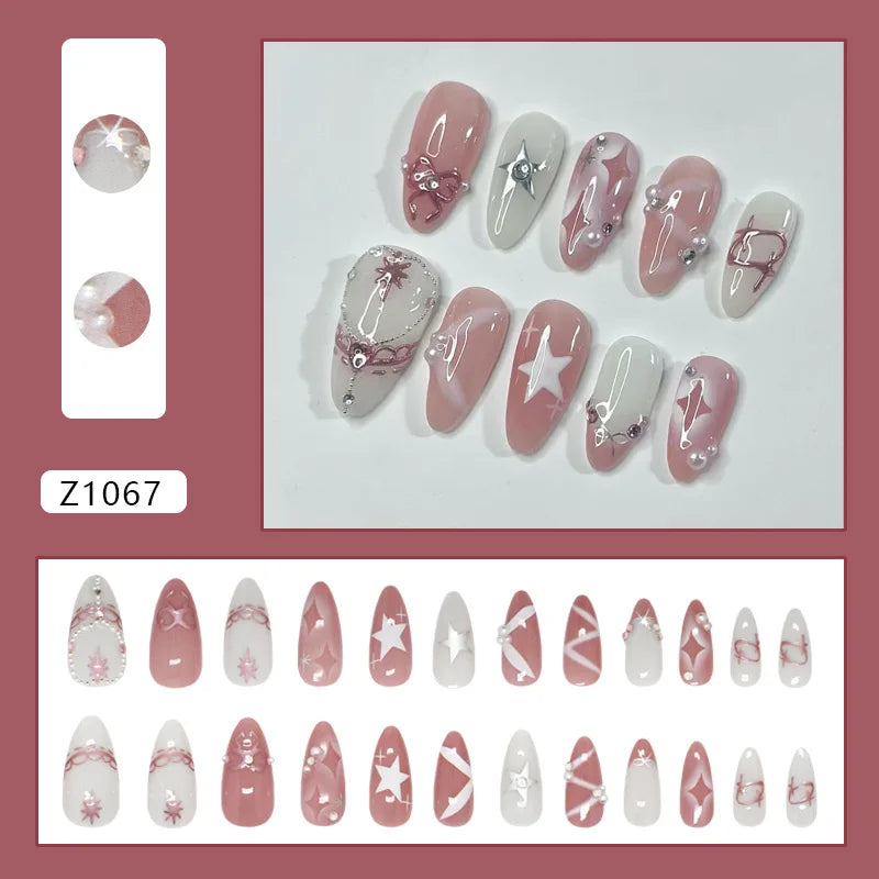 24pcs False Nails Glossy Green Summer Almond Fake Nail Tips Wearable Detachable Fashion Flower Print Press on Nails for Girl