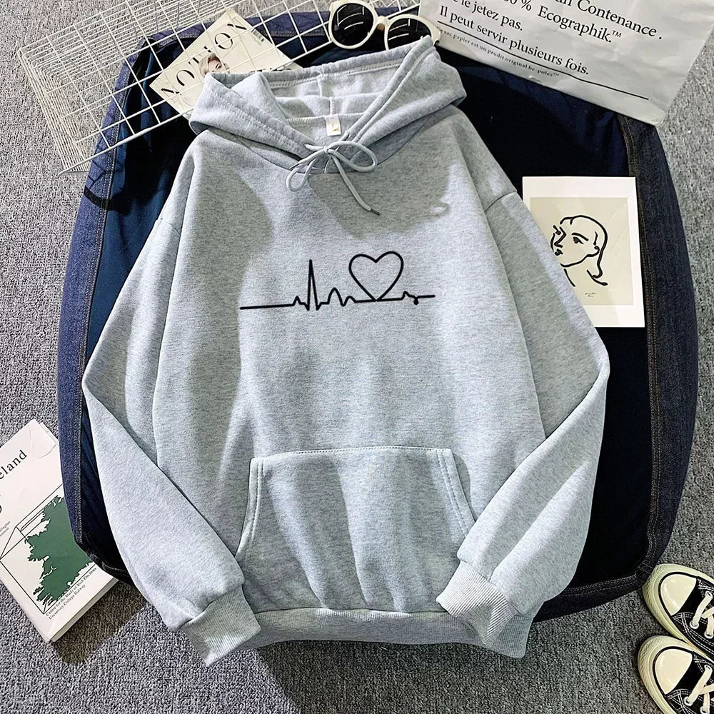 Autumn Winter Women Fleece Hoodies Thick Warm Female Long Sleeve Hooded Sweatshirts Casual Print Lady Loose Pullover Tops gray love velvet