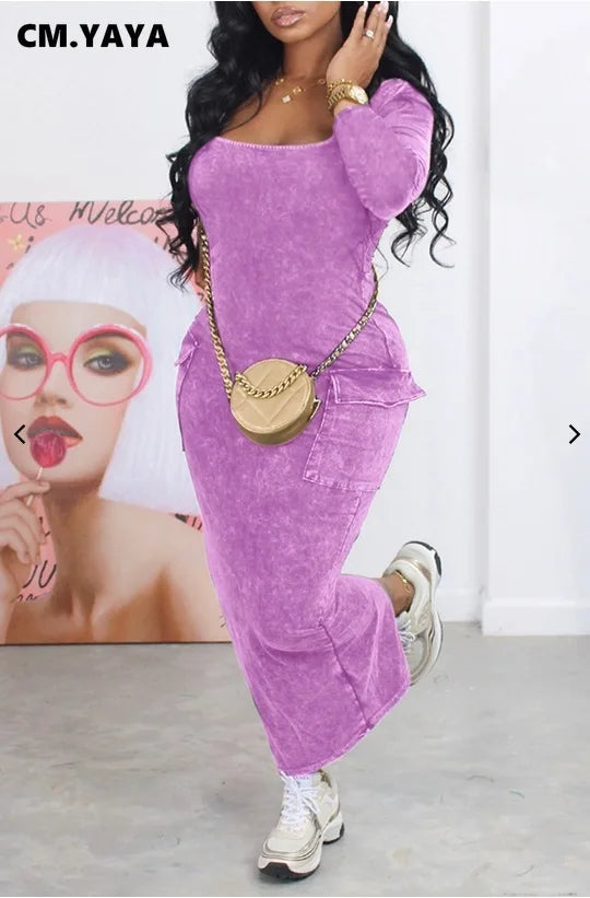 CM.YAYA Girl Print Long Sleeve Women Dress Pocket 2024 Spring Square Collar Bodycon Vestidos Boho Night Club Long Maxi Dresses