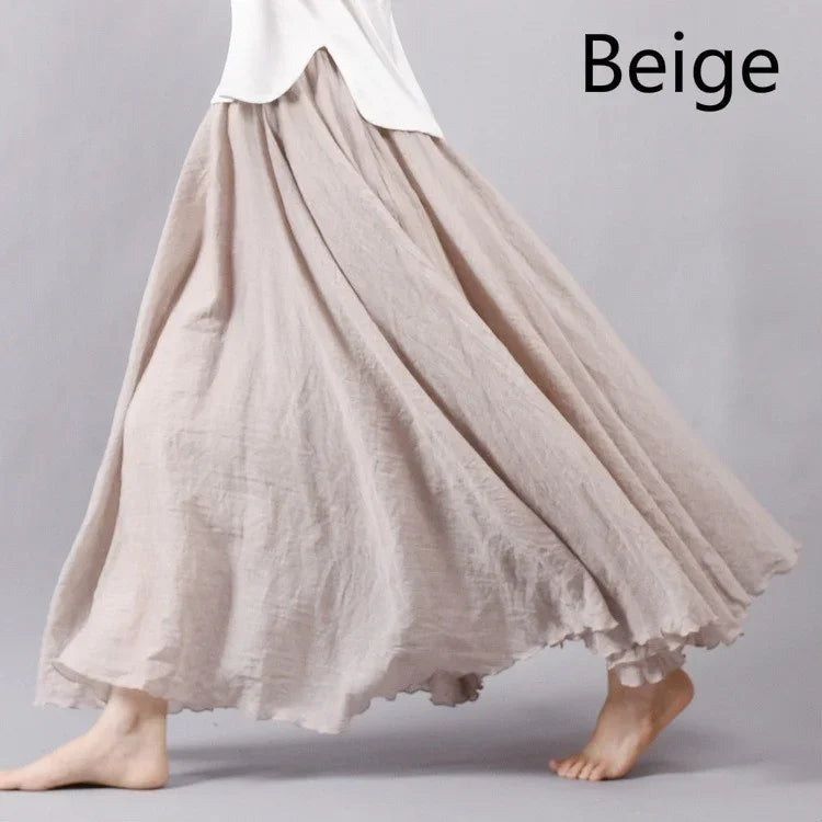 14 Colors Linen Maxi Skirt Pleated Vintage Boho Maxi Long Casual Cotton Beach Skirt Empire A-Line Linen Skirt Ladies Clothing Beige One Size