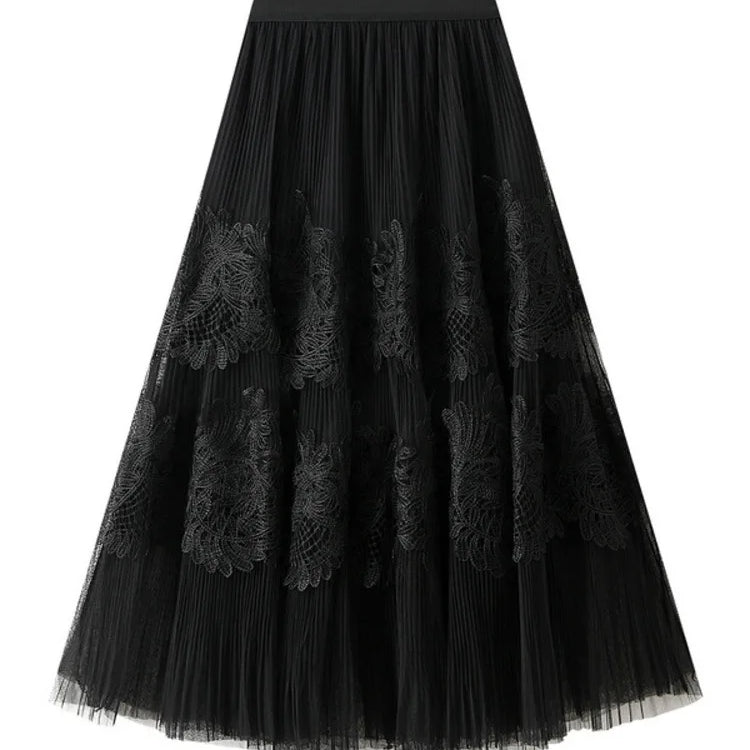 UCXQ New Products Sweet Cake Spliced Skirt Lace Pleated Mesh Large Hem A-line Skirts For Women New Spring Autumn 23A7001