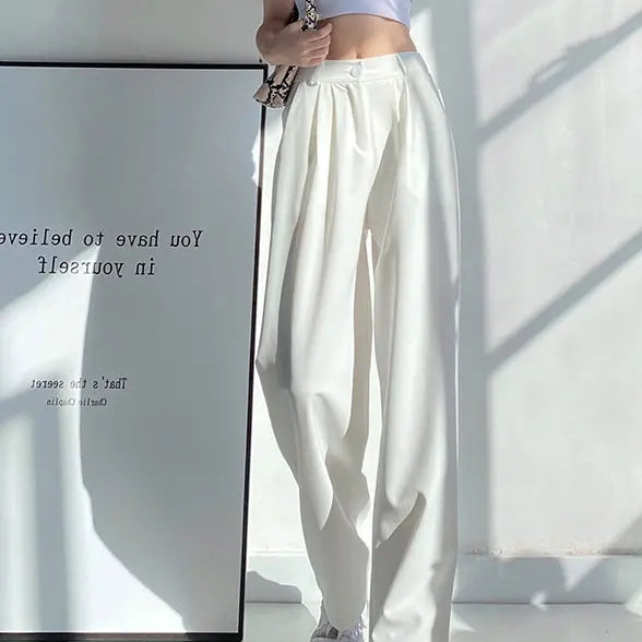Summer Ice Silk Wide Trousers for Women Loose White Thin Straight Pants Elegant Office Women Baggy Stacked Pants Sweatpants