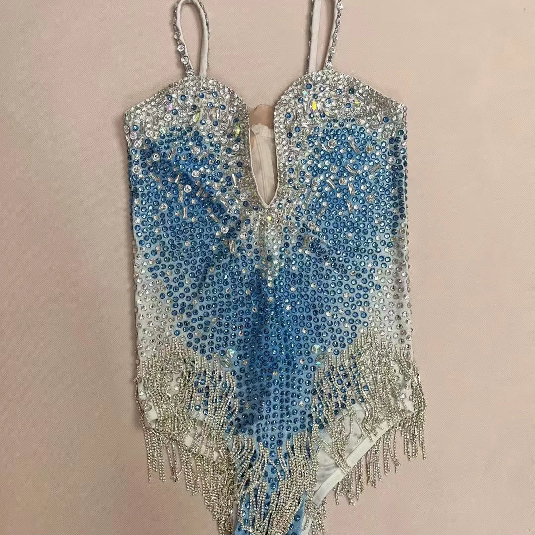 Sparkly Rhinestone Sleeveless Deep V Spandex Bodysuit Nightclub Showgirl Dance Show Crystals Tassel Skinny Bodysuit Bingqilin